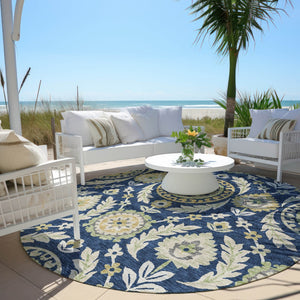 Homeroots 3' Floral Washable Area Rug In Artichoke Green And Blue - Perfect For Indoor And Outdoor Spaces 8' Round Polyester 584928