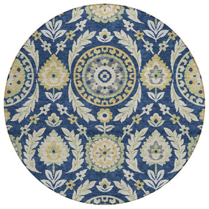 HomeRoots 5' Navy Blue Floral Area Rug - Durable, Washable Design for Indoor & Outdoor Spaces, Easy Care 8' Round 584928