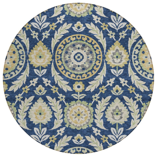 HomeRoots 5' Navy Blue Floral Area Rug - Durable, Washable Design for Indoor & Outdoor Spaces, Easy Care 8' Round 584928