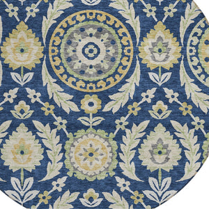 Homeroots 3' Floral Washable Area Rug In Artichoke Green And Blue - Perfect For Indoor And Outdoor Spaces 8' Round Polyester 584928
