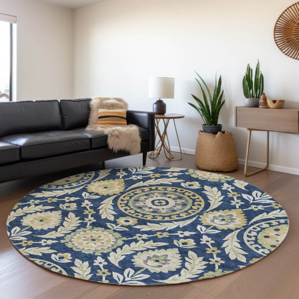 Homeroots 3' Floral Washable Area Rug In Artichoke Green And Blue - Perfect For Indoor And Outdoor Spaces 8' Round Polyester 584928
