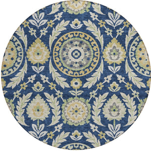 Homeroots 3' Floral Washable Area Rug In Artichoke Green And Blue - Perfect For Indoor And Outdoor Spaces 8' Round Polyester 584928