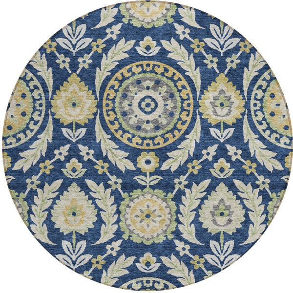 Homeroots 3' Floral Washable Area Rug In Artichoke Green And Blue - Perfect For Indoor And Outdoor Spaces 8' Round Polyester 584928