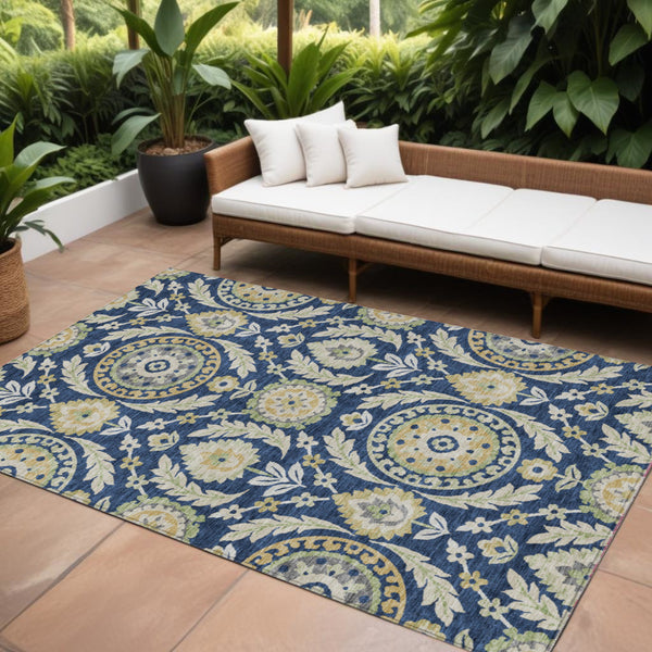 Homeroots 3' Floral Washable Area Rug In Artichoke Green And Blue - Perfect For Indoor And Outdoor Spaces 8' X 10' Polyester 584929