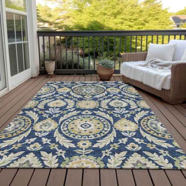 Homeroots 3' Floral Washable Area Rug In Artichoke Green And Blue - Perfect For Indoor And Outdoor Spaces 8' X 10' Polyester 584929