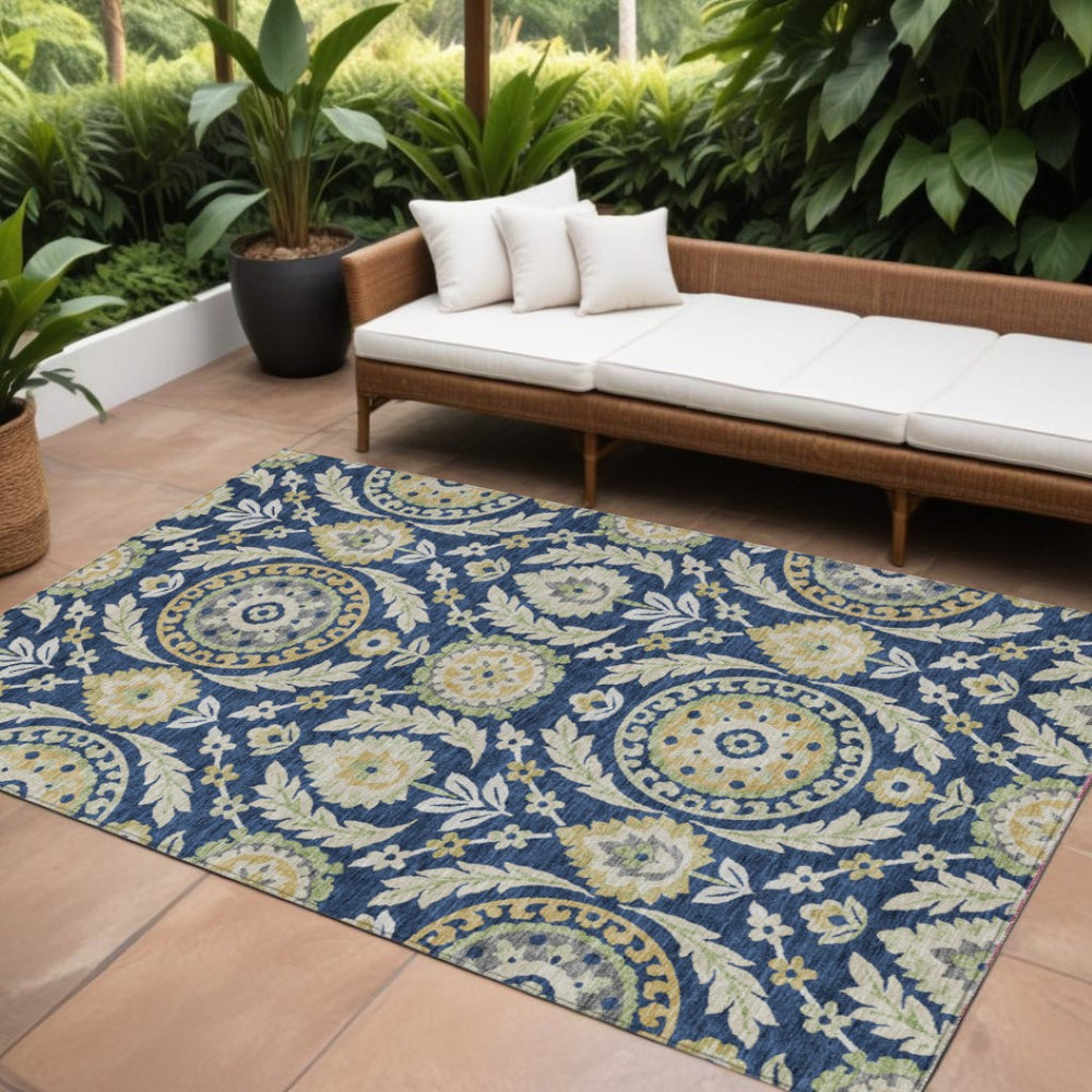 HomeRoots 9' Timeless Floral Navy Blue Gold Beige Area Rug - Durable, Washable Indoor & Outdoor Style Solution 9' X 12' 584930