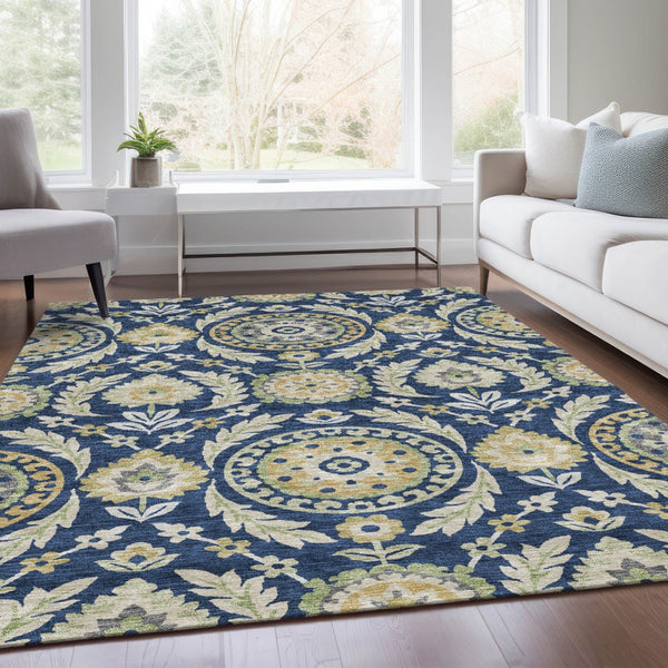 Homeroots 3' Floral Washable Area Rug In Artichoke Green And Blue - Perfect For Indoor And Outdoor Spaces 9' X 12' Polyester 584930