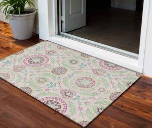 Homeroots 3' Floral Washable Area Rug In Artichoke Green And Blue - Perfect For Indoor And Outdoor Spaces 3' X 5' Polyester 584932