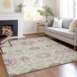 Homeroots 3' Floral Washable Area Rug In Artichoke Green And Blue - Perfect For Indoor And Outdoor Spaces 3' X 5' Polyester 584932
