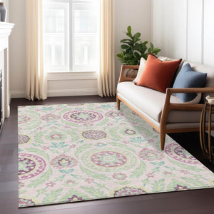 Homeroots 3' Floral Washable Area Rug In Artichoke Green And Blue - Perfect For Indoor And Outdoor Spaces 3' X 5' Polyester 584932