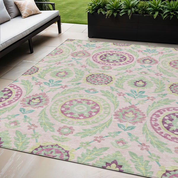 Homeroots 3' Floral Washable Area Rug In Artichoke Green And Blue - Perfect For Indoor And Outdoor Spaces 5' X 8' Polyester 584933