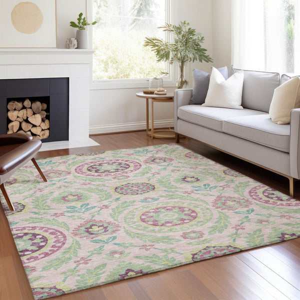 Homeroots 3' Floral Washable Area Rug In Artichoke Green And Blue - Perfect For Indoor And Outdoor Spaces 5' X 8' Polyester 584933