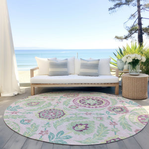 Homeroots 3' Floral Washable Area Rug In Artichoke Green And Blue - Perfect For Indoor And Outdoor Spaces 8' Round Polyester 584934