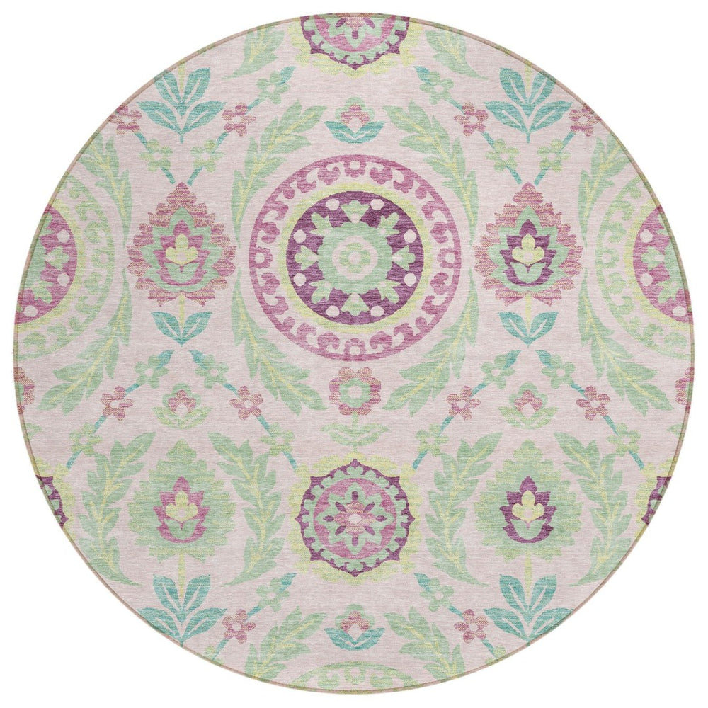 HomeRoots 5' Floral Area Rug in Soft Pink Mauve and Mint Green - Washable, Durable, Perfect for Indoor & Outdoor Spaces 8' Round 584934