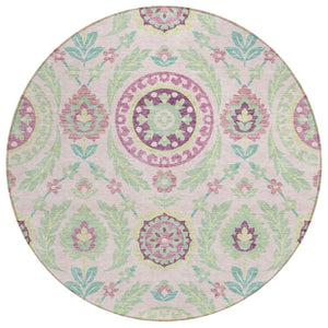 HomeRoots 5' Floral Area Rug in Soft Pink Mauve and Mint Green - Washable, Durable, Perfect for Indoor & Outdoor Spaces 8' Round 584934