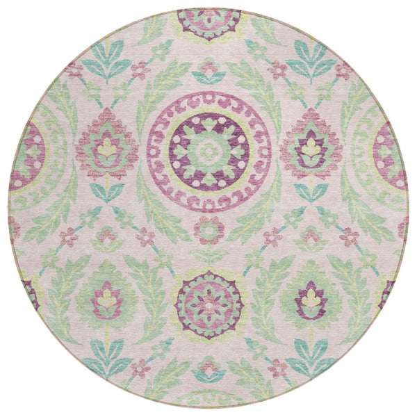 HomeRoots 5' Floral Area Rug in Soft Pink Mauve and Mint Green - Washable, Durable, Perfect for Indoor & Outdoor Spaces 8' Round 584934
