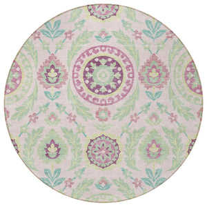 Homeroots 3' Floral Washable Area Rug In Artichoke Green And Blue - Perfect For Indoor And Outdoor Spaces 8' Round Polyester 584934