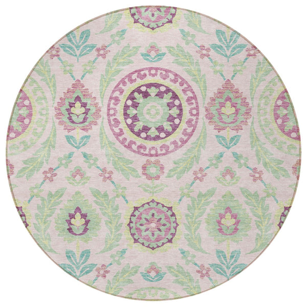 Homeroots 3' Floral Washable Area Rug In Artichoke Green And Blue - Perfect For Indoor And Outdoor Spaces 8' Round Polyester 584934