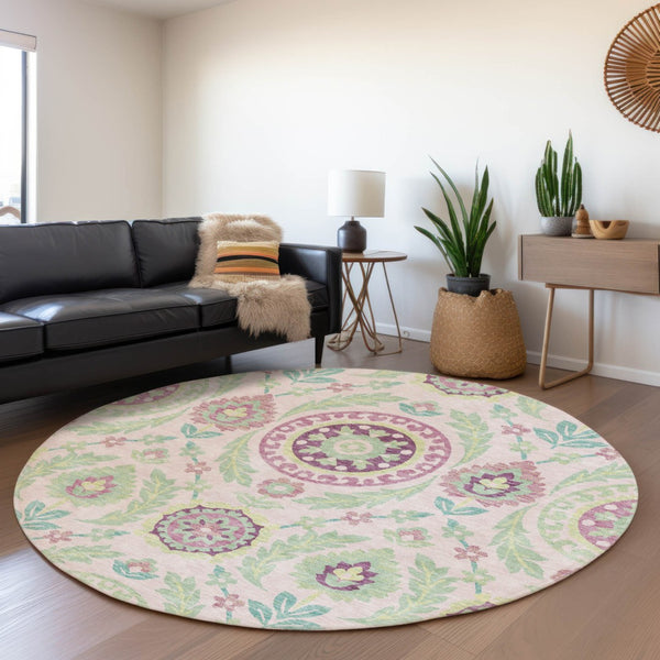 Homeroots 3' Floral Washable Area Rug In Artichoke Green And Blue - Perfect For Indoor And Outdoor Spaces 8' Round Polyester 584934