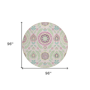 Homeroots 3' Floral Washable Area Rug In Artichoke Green And Blue - Perfect For Indoor And Outdoor Spaces 8' Round Polyester 584934