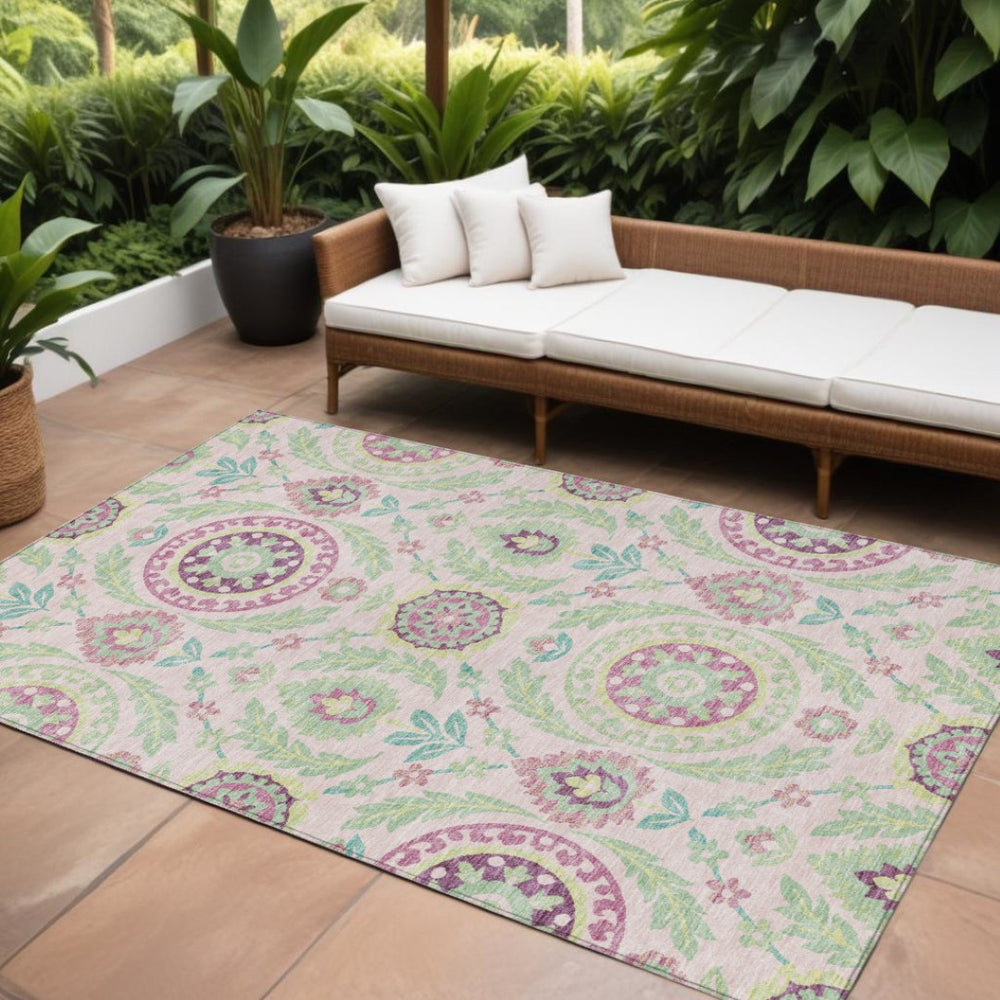HomeRoots 9' Floral Area Rug in Pink Mauve and Mint Green - Durable, Washable Design for Indoor & Outdoor Use 9' X 12' 584936