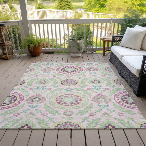 Homeroots 3' Floral Washable Area Rug In Artichoke Green And Blue - Perfect For Indoor And Outdoor Spaces 10' X 14' Polyester 584937