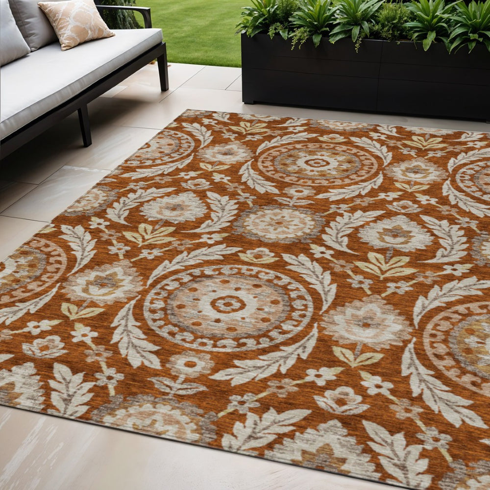 HomeRoots 5' Washable Floral Area Rug in Orange, Taupe, and Gold - Perfect for Indoor and Outdoor Spaces! 5' X 8' 584939
