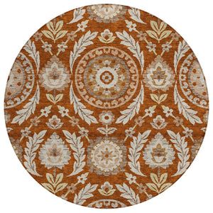 HomeRoots 5' Washable Floral Area Rug in Orange, Taupe, and Gold - Perfect for Indoor and Outdoor Spaces! 8' Round 584940