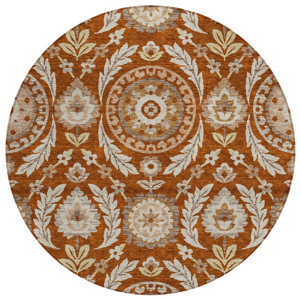 HomeRoots 5' Washable Floral Area Rug in Orange, Taupe, and Gold - Perfect for Indoor and Outdoor Spaces! 8' Round 584940