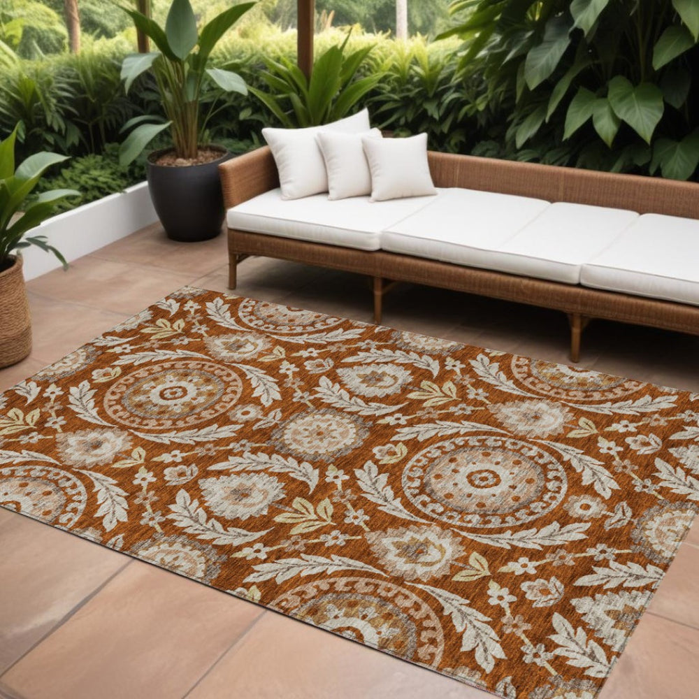 HomeRoots 9' Vibrant Floral Area Rug in Orange, Taupe & Gold – Washable, Durable, Perfect for Indoor & Outdoor Use 9' X 12' 584942