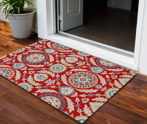 Homeroots 3' Floral Washable Area Rug In Artichoke Green And Blue - Perfect For Indoor And Outdoor Spaces 3' X 5' Polyester 584944