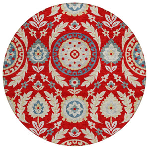 HomeRoots 5' Indoor Outdoor Floral Area Rug in Red, Beige, and Navy - Washable, Durable, and Stylish Décor 8' Round 584946