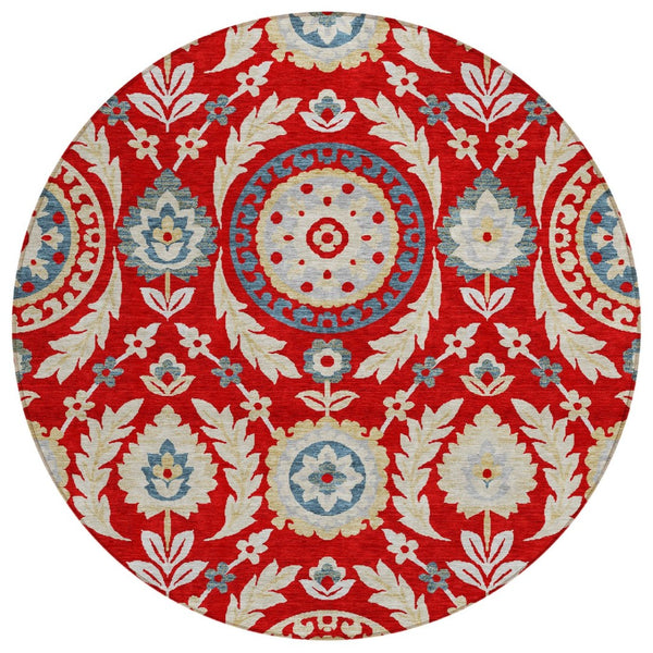 HomeRoots 5' Indoor Outdoor Floral Area Rug in Red, Beige, and Navy - Washable, Durable, and Stylish Décor 8' Round 584946