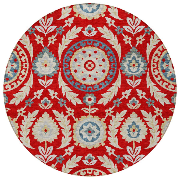 Homeroots 3' Floral Washable Area Rug In Artichoke Green And Blue - Perfect For Indoor And Outdoor Spaces 8' Round Polyester 584946