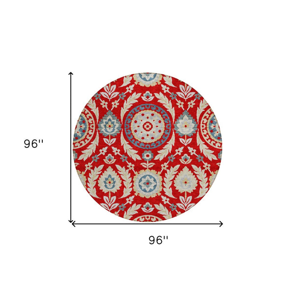 Homeroots 3' Floral Washable Area Rug In Artichoke Green And Blue - Perfect For Indoor And Outdoor Spaces 8' Round Polyester 584946