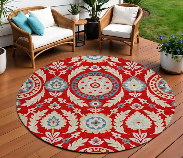 Homeroots 3' Floral Washable Area Rug In Artichoke Green And Blue - Perfect For Indoor And Outdoor Spaces 8' Round Polyester 584946