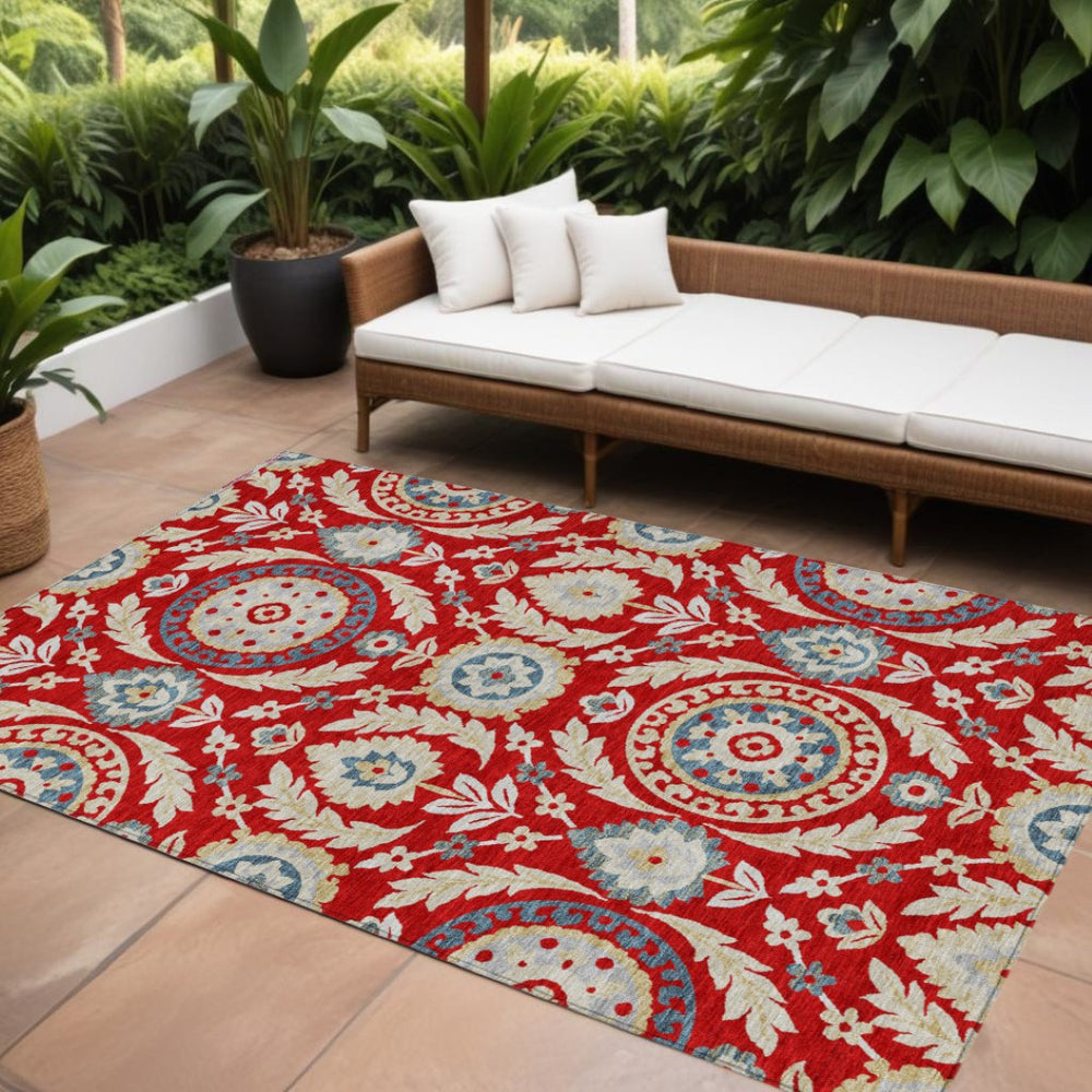 HomeRoots 9' Durable Washable Floral Area Rug in Red, Beige & Navy - Perfect for Indoor & Outdoor Spaces 9' X 12' 584948