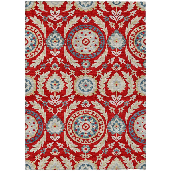 HomeRoots 5' Indoor Outdoor Floral Area Rug in Red, Beige, and Navy - Washable, Durable, and Stylish Décor 10' X 14' 584949