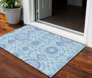 Homeroots 3' Floral Washable Area Rug In Artichoke Green And Blue - Perfect For Indoor And Outdoor Spaces 3' X 5' Polyester 584950