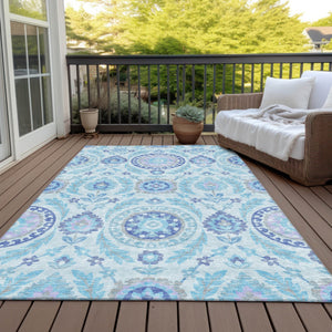 Homeroots 3' Floral Washable Area Rug In Artichoke Green And Blue - Perfect For Indoor And Outdoor Spaces 3' X 5' Polyester 584950