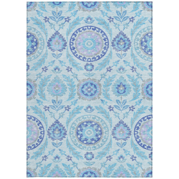 Homeroots 3' Floral Washable Area Rug In Artichoke Green And Blue - Perfect For Indoor And Outdoor Spaces 5' X 8' Polyester 584951