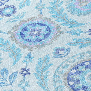 Homeroots 3' Floral Washable Area Rug In Artichoke Green And Blue - Perfect For Indoor And Outdoor Spaces 5' X 8' Polyester 584951