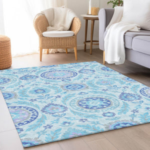 Homeroots 3' Floral Washable Area Rug In Artichoke Green And Blue - Perfect For Indoor And Outdoor Spaces 5' X 8' Polyester 584951