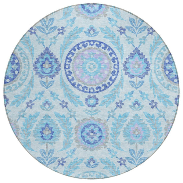 HomeRoots 5' Sky Blue & Lavender Floral Washable Area Rug - Durable, Stylish Design for Indoor & Outdoor Use 8' Round 584952