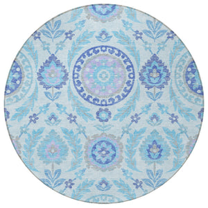 Homeroots 3' Floral Washable Area Rug In Artichoke Green And Blue - Perfect For Indoor And Outdoor Spaces 8' Round Polyester 584952