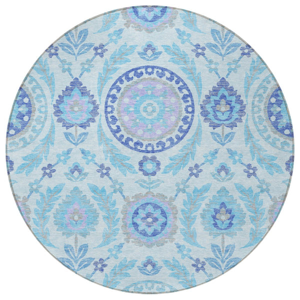 Homeroots 3' Floral Washable Area Rug In Artichoke Green And Blue - Perfect For Indoor And Outdoor Spaces 8' Round Polyester 584952