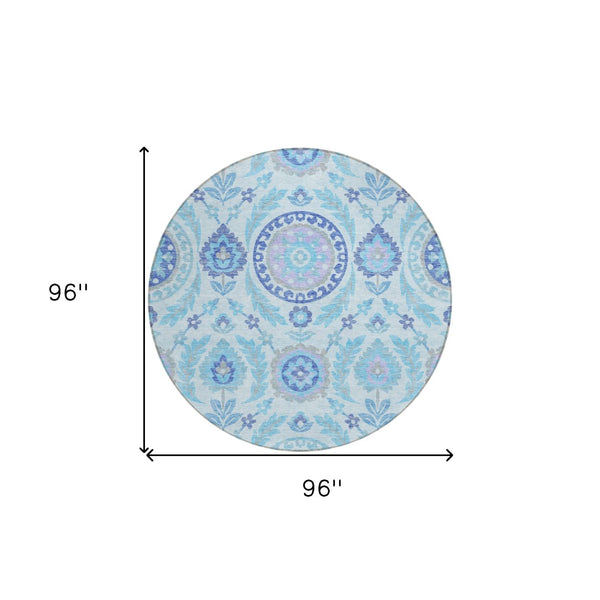 Homeroots 3' Floral Washable Area Rug In Artichoke Green And Blue - Perfect For Indoor And Outdoor Spaces 8' Round Polyester 584952