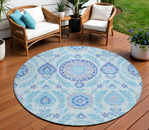 Homeroots 3' Floral Washable Area Rug In Artichoke Green And Blue - Perfect For Indoor And Outdoor Spaces 8' Round Polyester 584952