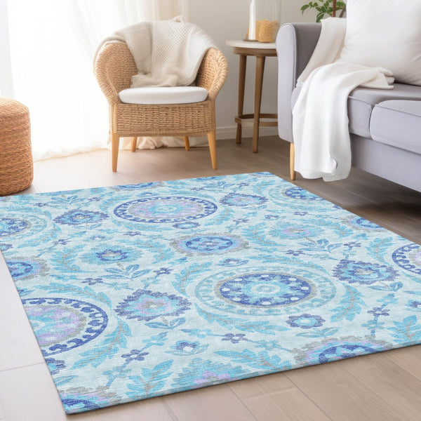 Homeroots 3' Floral Washable Area Rug In Artichoke Green And Blue - Perfect For Indoor And Outdoor Spaces 8' X 10' Polyester 584953