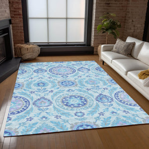 Homeroots 3' Floral Washable Area Rug In Artichoke Green And Blue - Perfect For Indoor And Outdoor Spaces 9' X 12' Polyester 584954